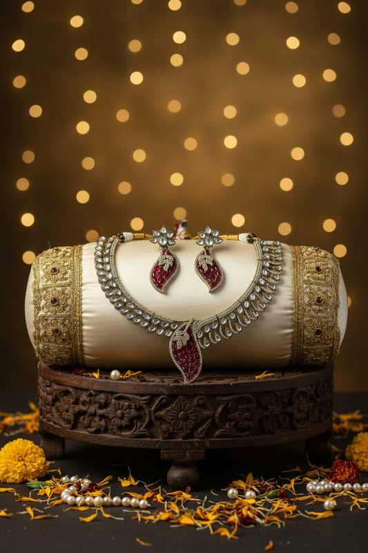Antique Gold Maroon Leaf Motif Polki Choker Set with Earrings