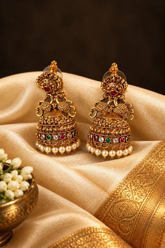 Antique Gold Peacock Jhumka Earrings - Temple