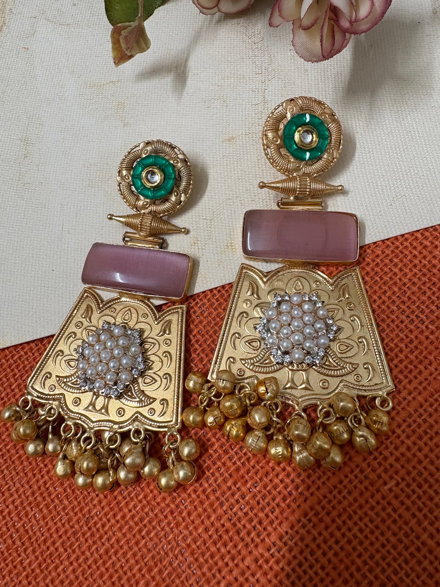 Peach Colour Long Brass Earrings