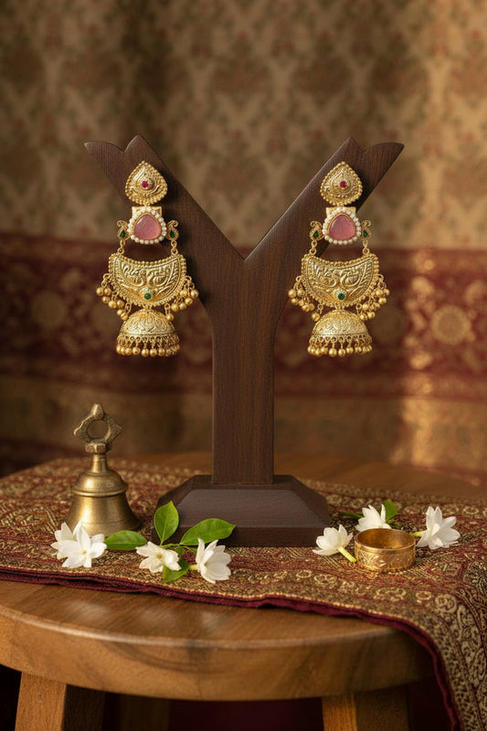 Golden Replica Peach Colour Brass Jhumkis