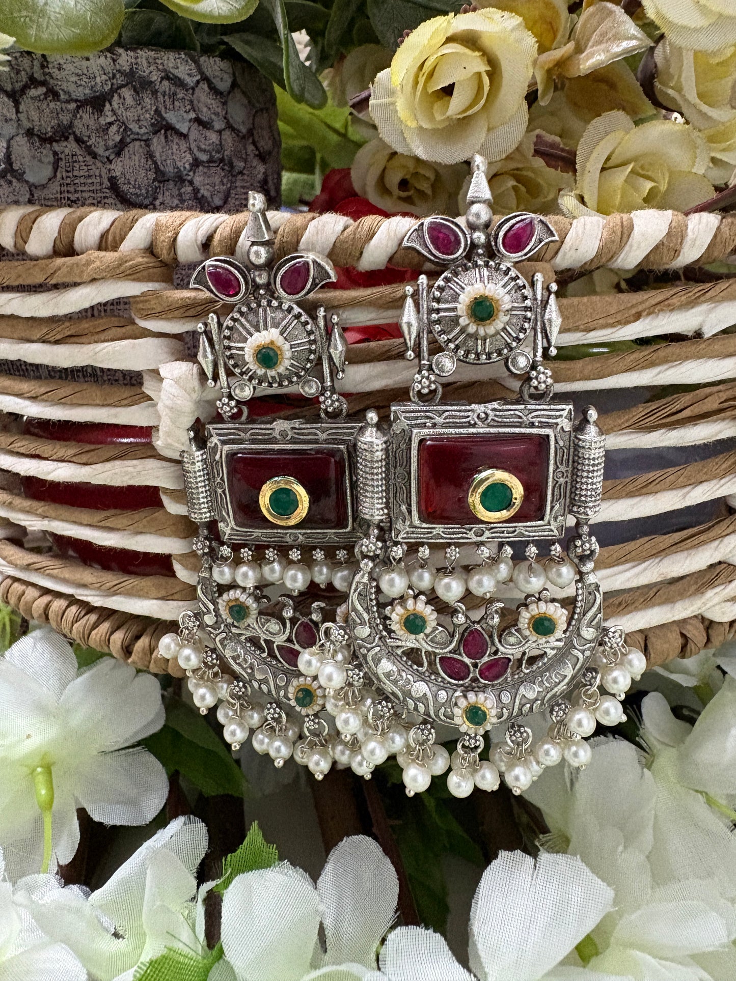 Red Silver Replica Chandbali Earrings