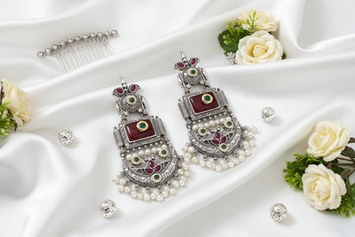 Red Silver Replica Chandbali Earrings