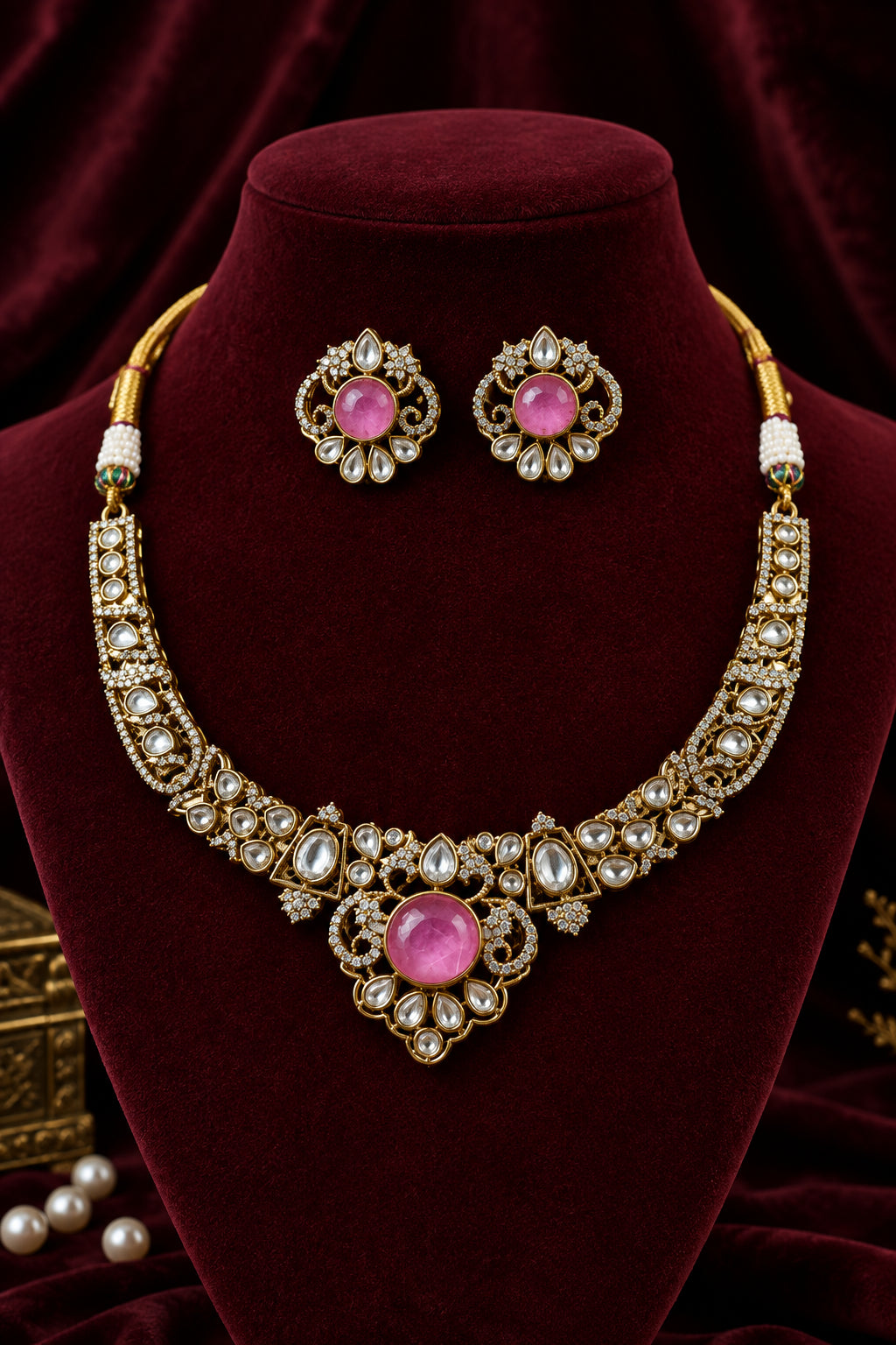 Baby Pink Victorian AD Choker Necklace Set with Gold Dori