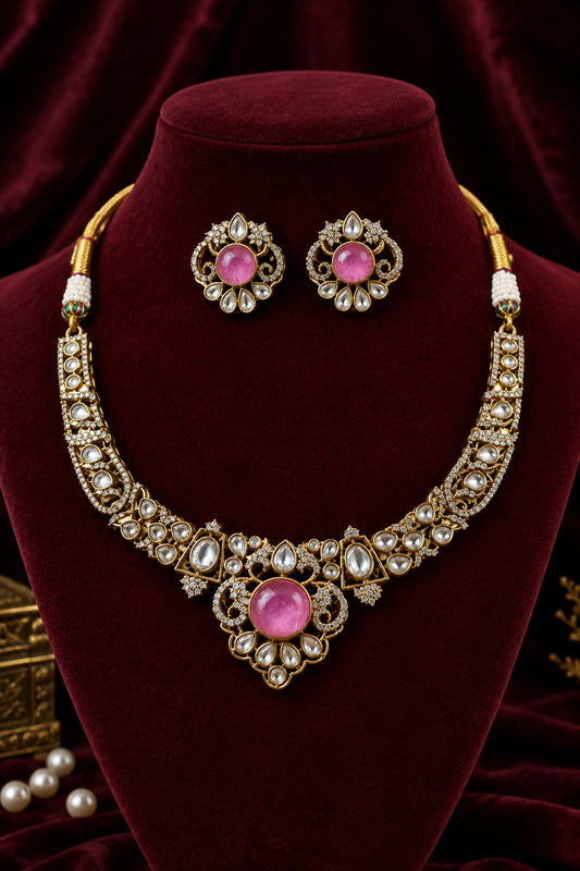Baby Pink Victorian AD Choker Necklace Set with Gold Dori