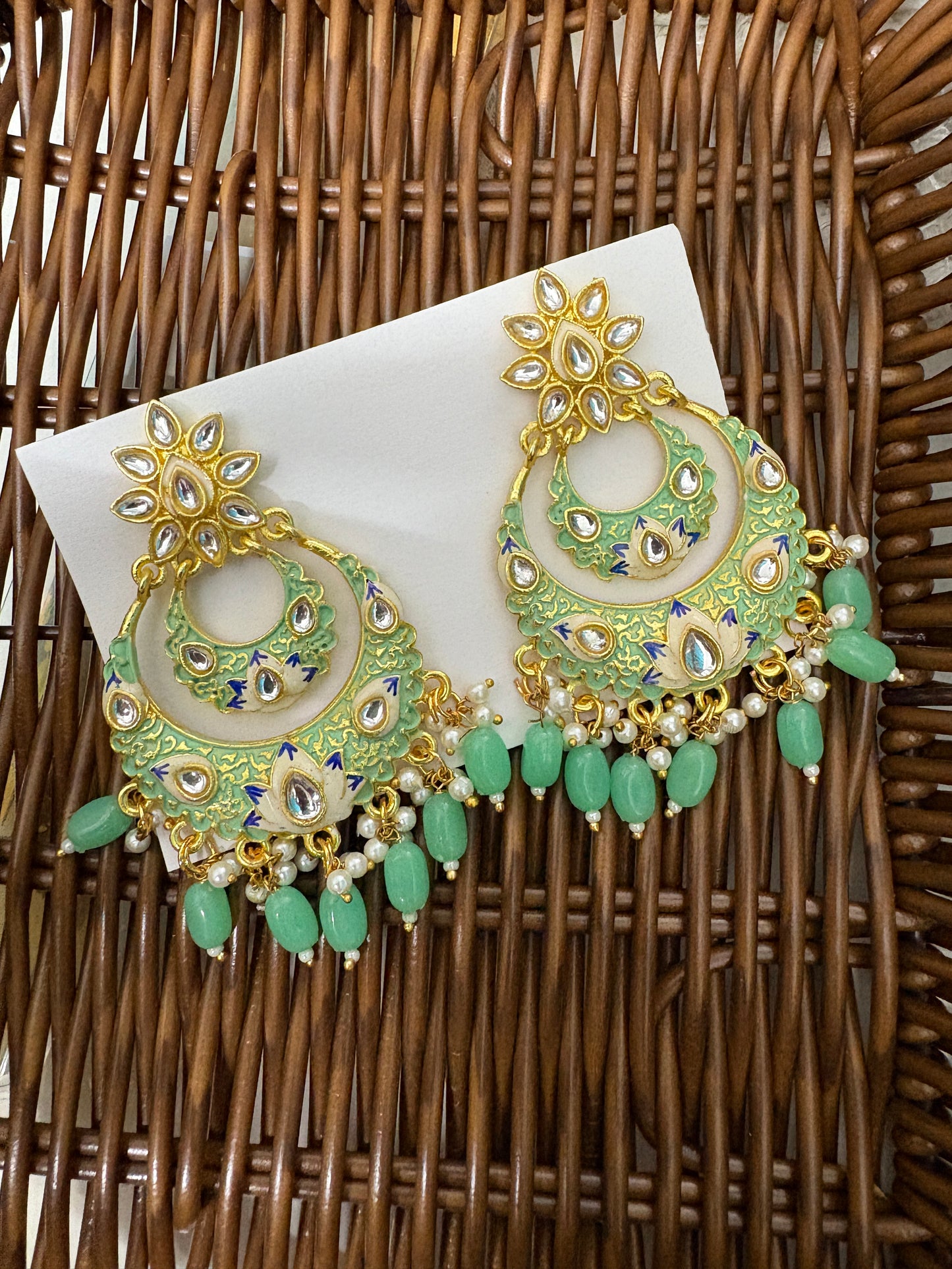 Light Green Meenakari Kundan Chandbalis