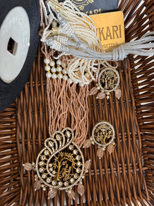 Peach Pearl Kundan long Necklace Set