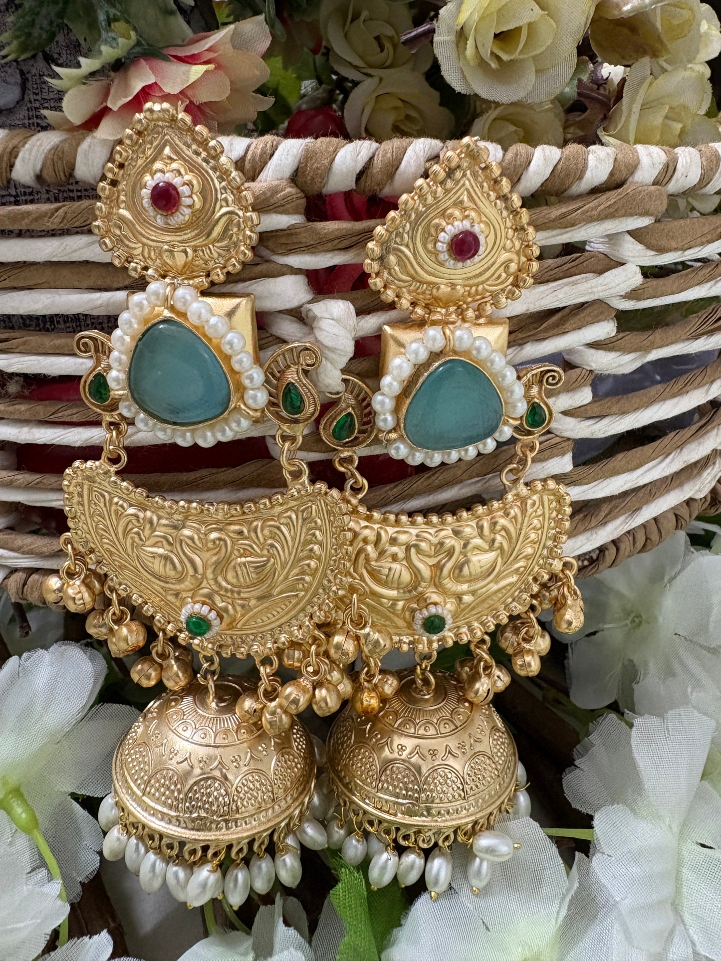 Light Green Golden Replica Brass Jhumkis