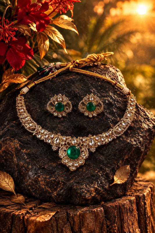 Emerald Green Victorian AD Choker Necklace Set - Diamond Look
