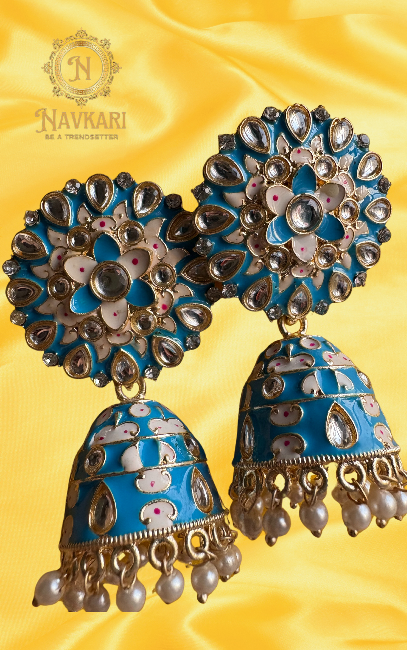 Sky Blue Meenakari Kundan Jhumki Earrings