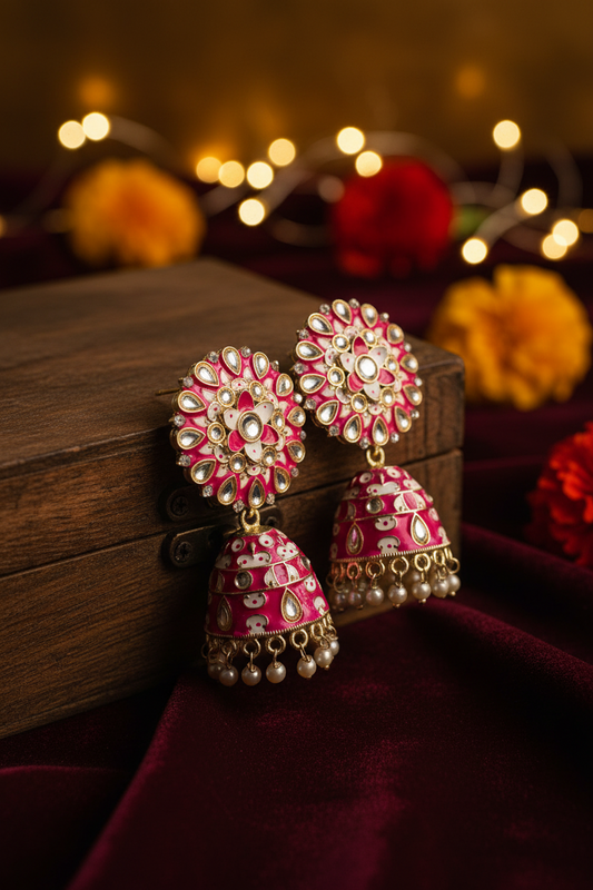 Rani Pink Kundan Meenakari Jhumki Earrings