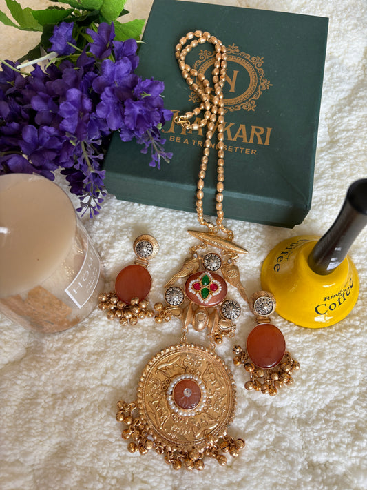 Peach Kundan Golden Brass Earrings