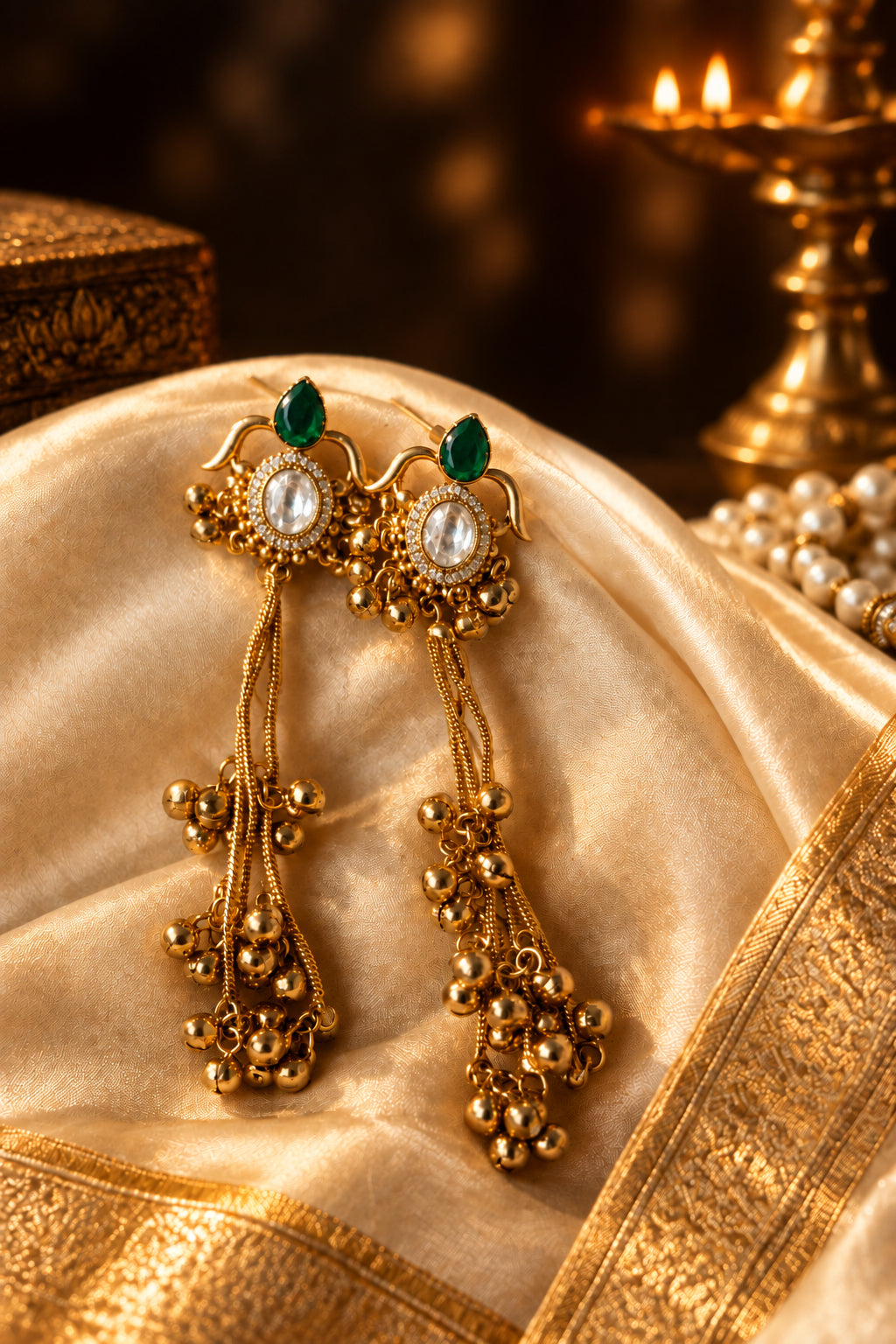 Antique Gold Long Earrings - Emerald Polki Ghungroo