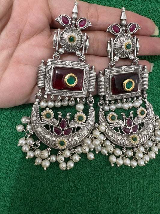 Red Silver Replica Chandbali Earrings