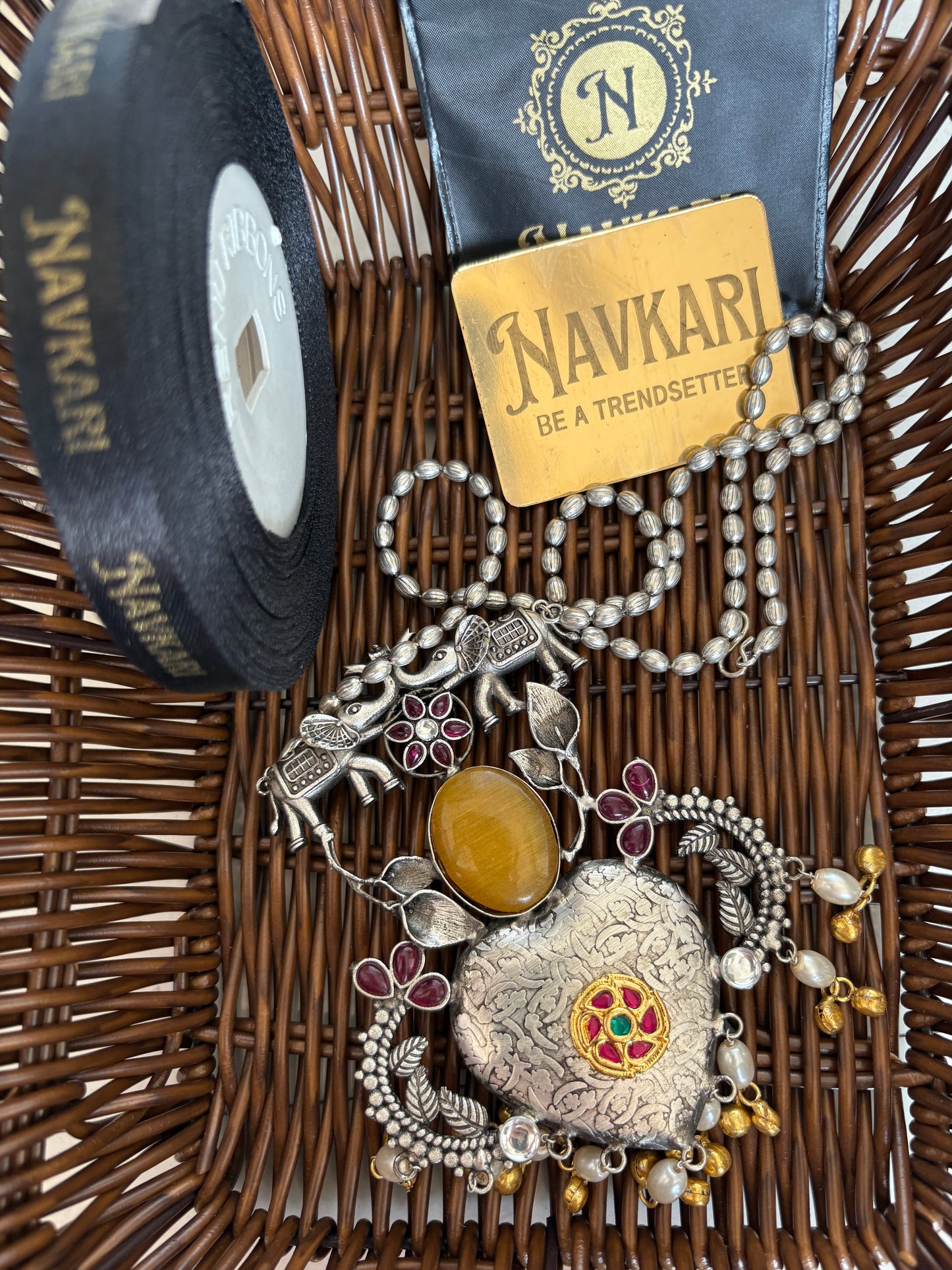 Yellow Kundan Long Chain Oxidised Necklace