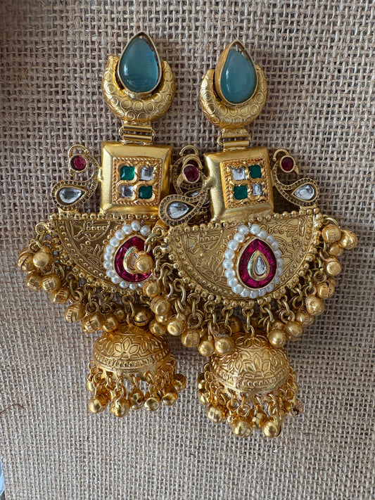 Blue Colour Golden Replica Brass Jhumki Earrings