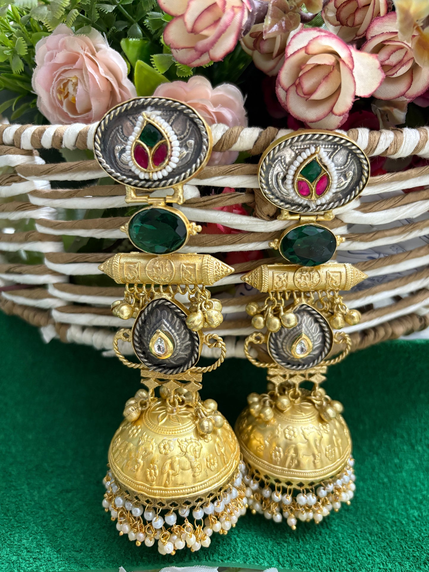 Meenakari Kundan Green Golden Replica Jhumkis