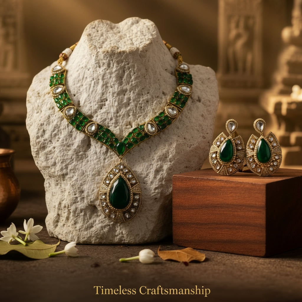 Emerald Green Antique Gold Kundan Necklace & Earrings Set