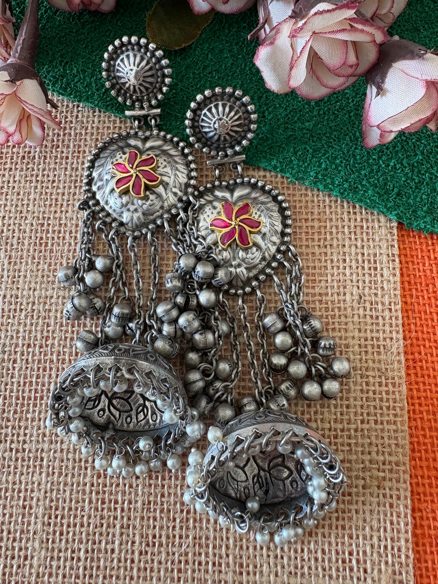 Silver Replica Oxidised Brass Jhumkis