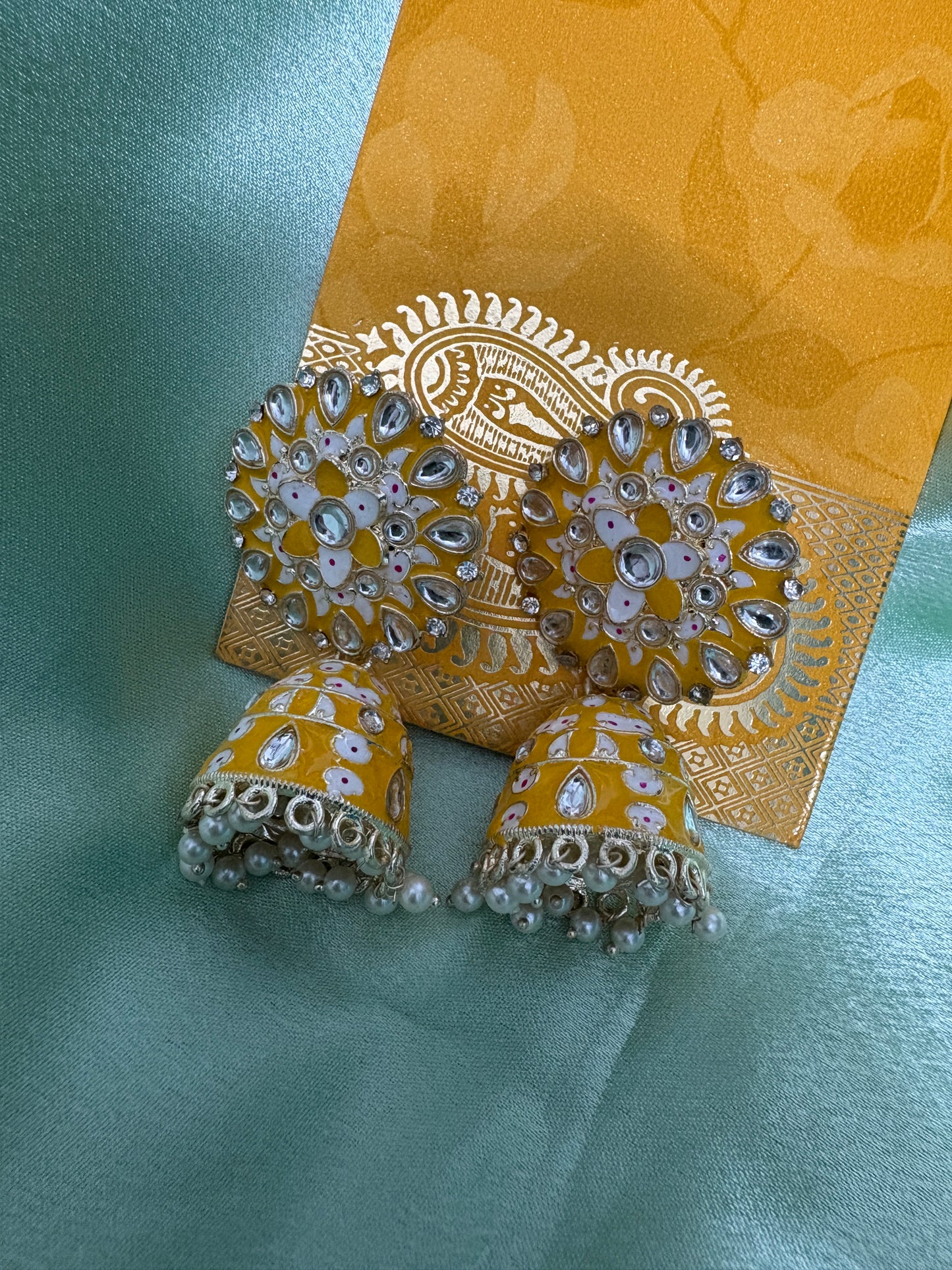 Yellow Meenakari Kundan Earrings