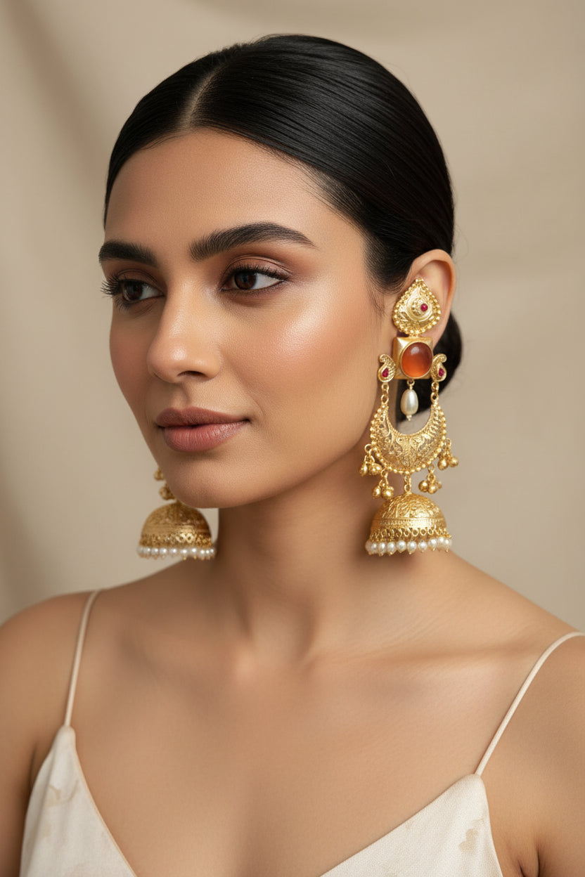 Peach Statement Brass Jhumkis