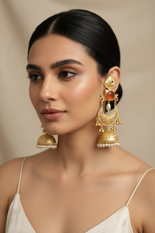 Peach Statement Brass Jhumkis