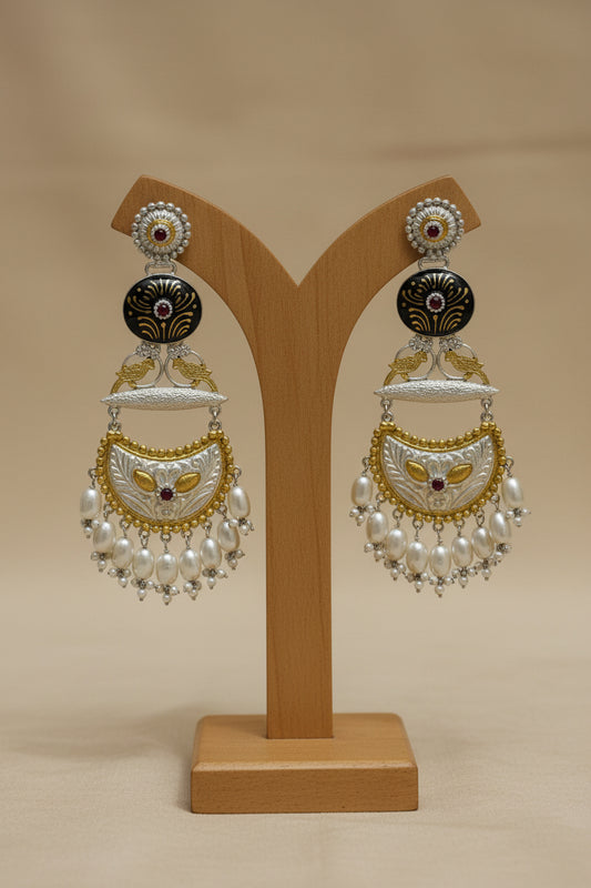 Silver Replica Meenakari long Chandbalis