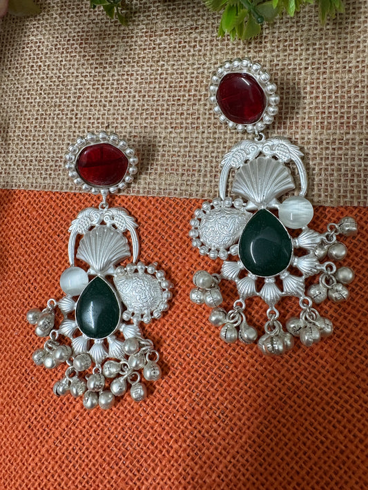 Silver Replica Red and Green Kundan long Earrings