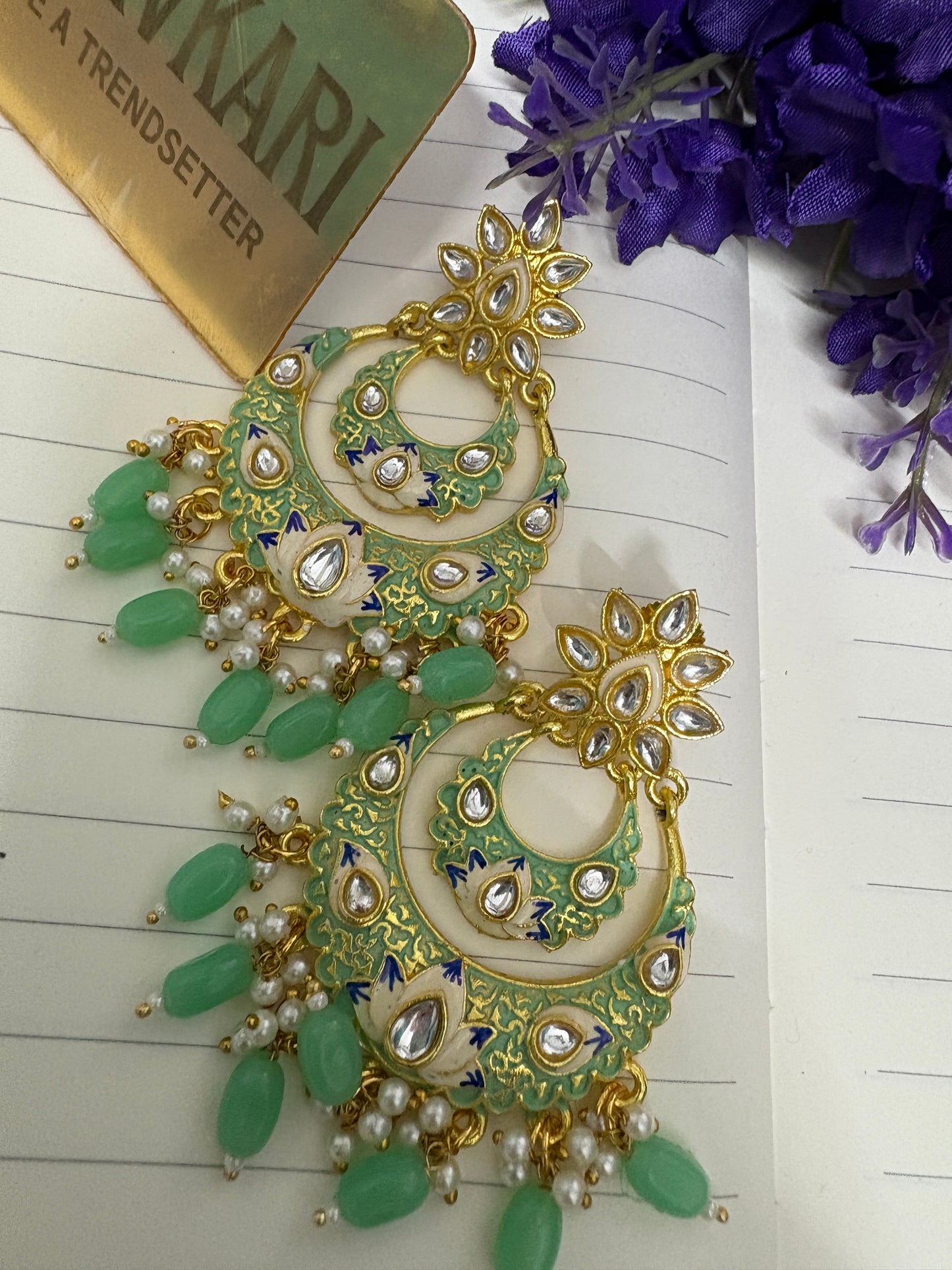 Light Green Meenakari Kundan Chandbalis