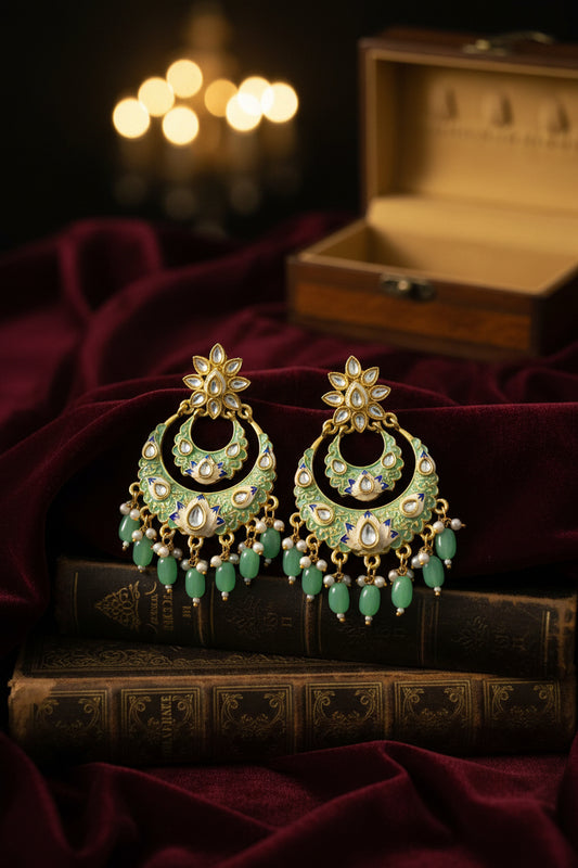 Light Green Meenakari Kundan Chandbalis