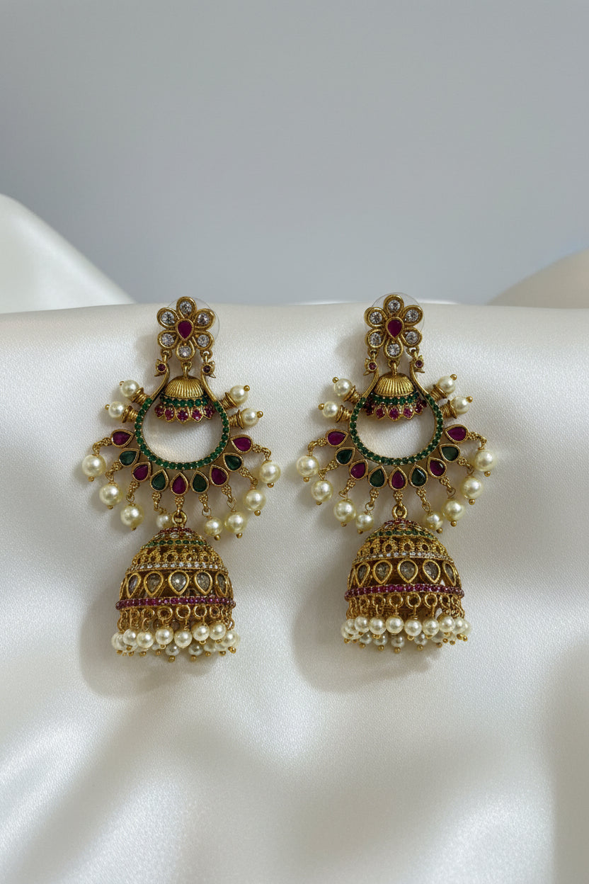Antique Gold Temple Chandbali Jhumka Earrings