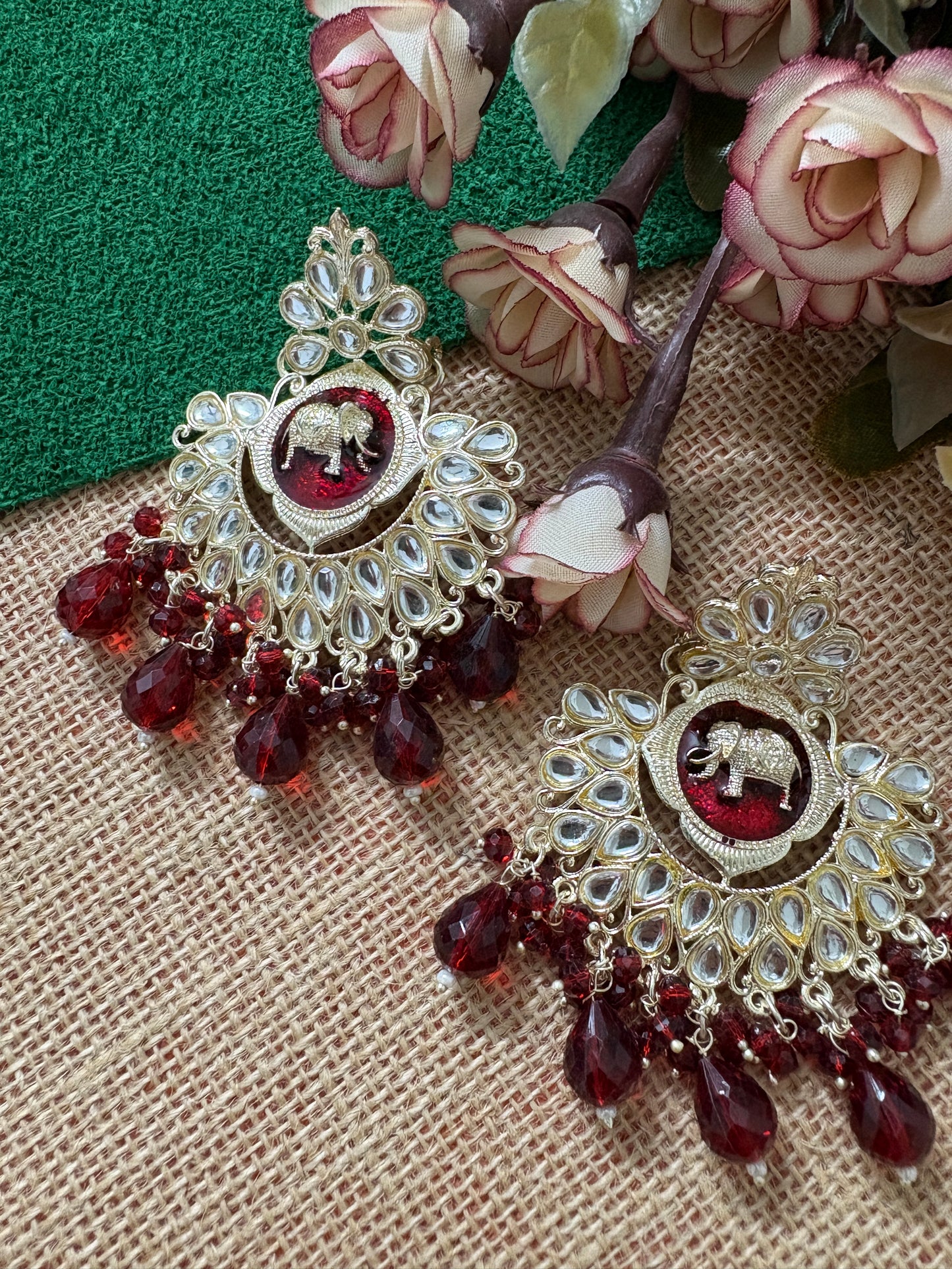 Dark Red Colour Kundan Earrings