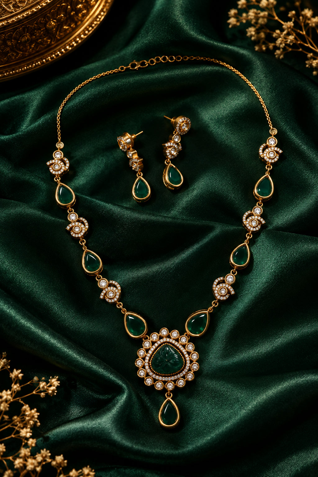 Emerald Green Victorian Necklace Set - Gold AD