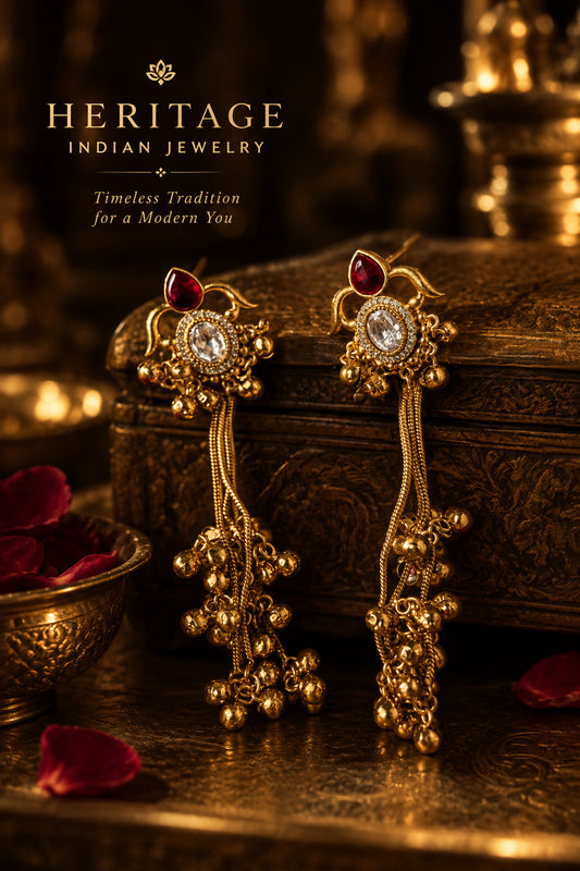 Antique Gold Long Earrings - Ruby Polki Ghungroo