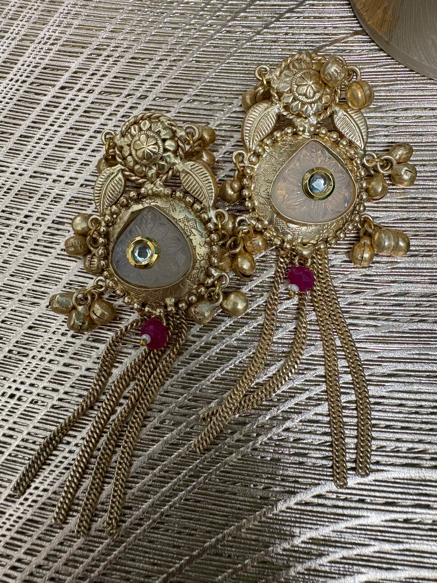 White Colour Kundan Brass long chain Earrings