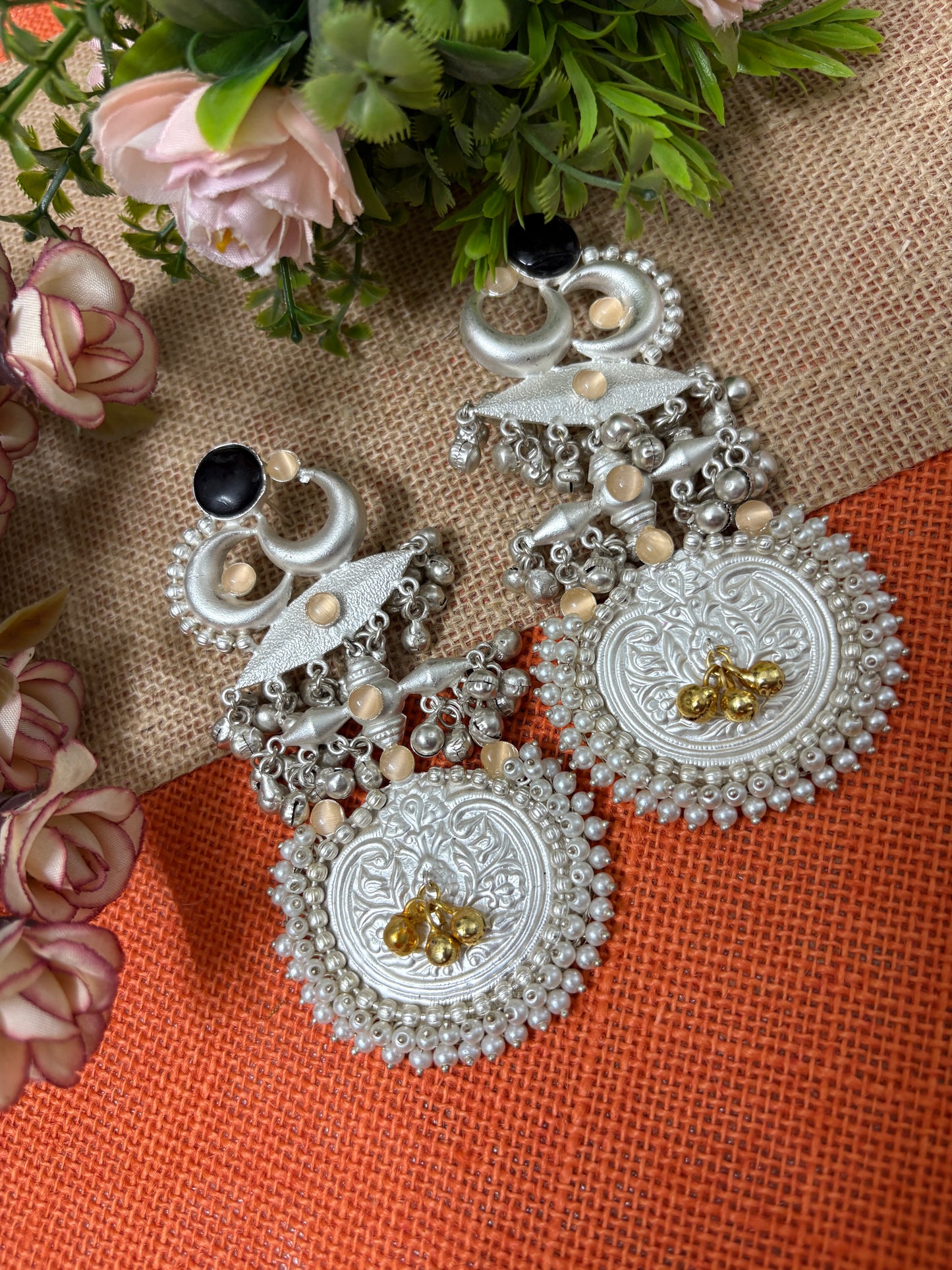 Black Kundan Silver Replica brass Chandbalis