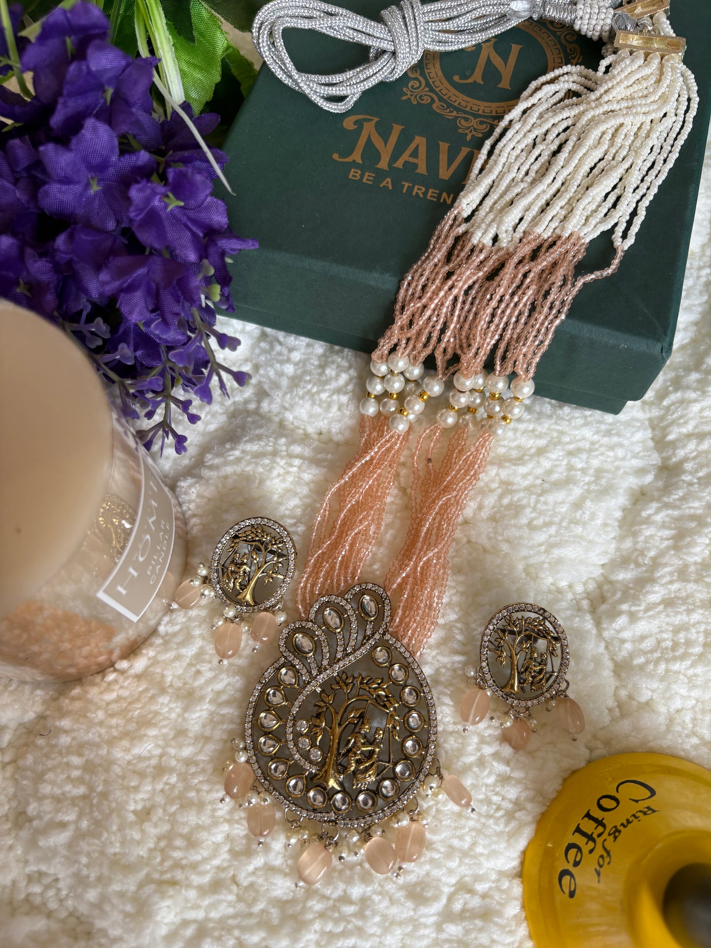 Peach Pearl Kundan long Necklace Set