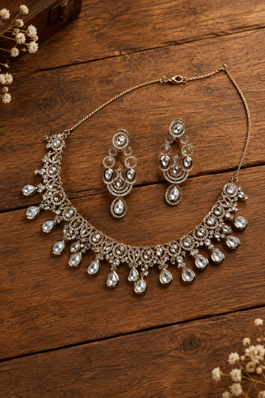 Gold AD Necklace Set - White Teardrop Party Wear