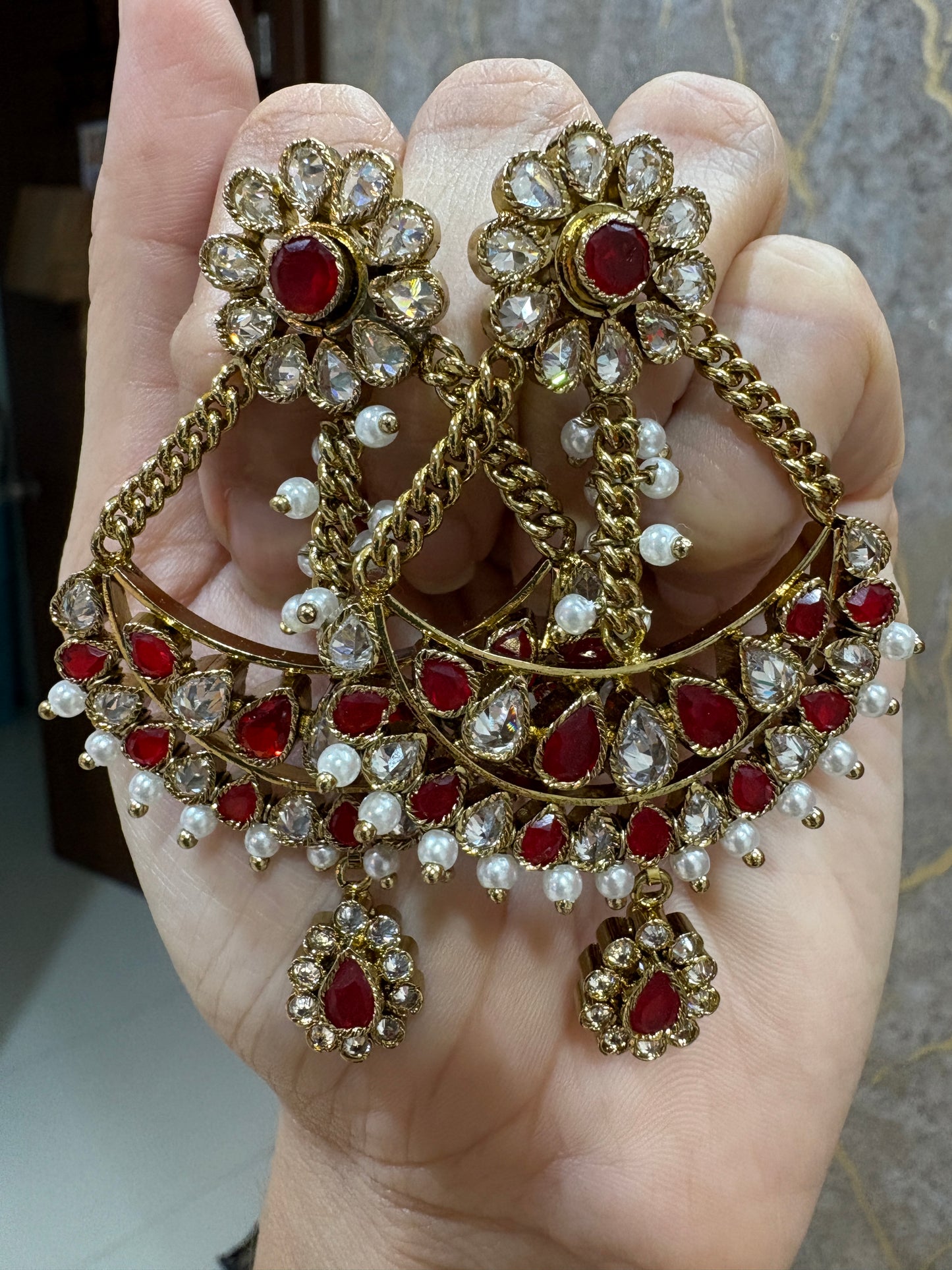 Premium Red Kundan Antique Earrings
