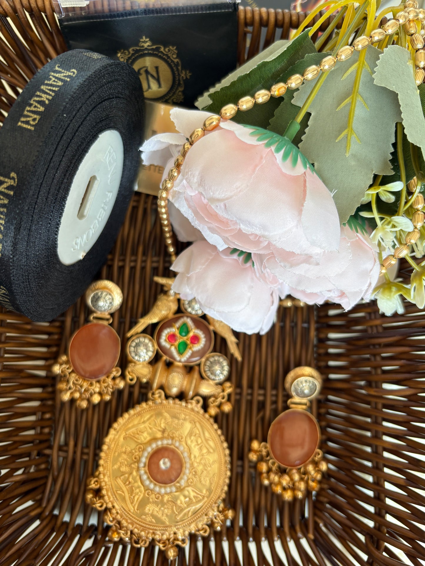 Peach Kundan Golden Brass Earrings