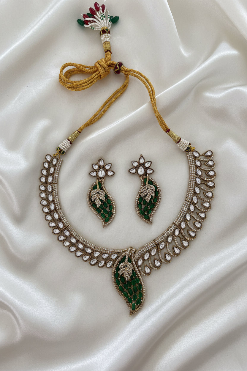 Antique Gold Leaf Motif Polki Choker Set with Earrings