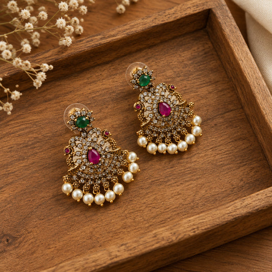 Antique Gold Chandbali Earrings - Navratna AD Pearl