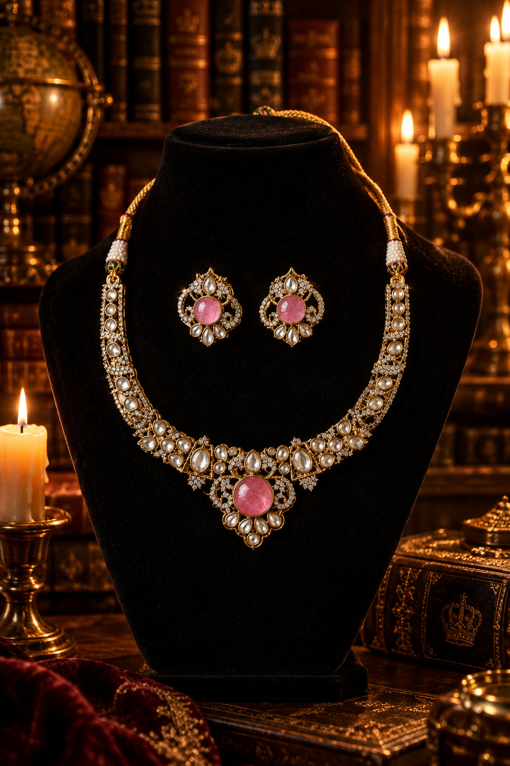 Gold Pink Stone Kundan Necklace Set