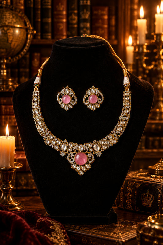 Gold Pink Stone Kundan Necklace Set