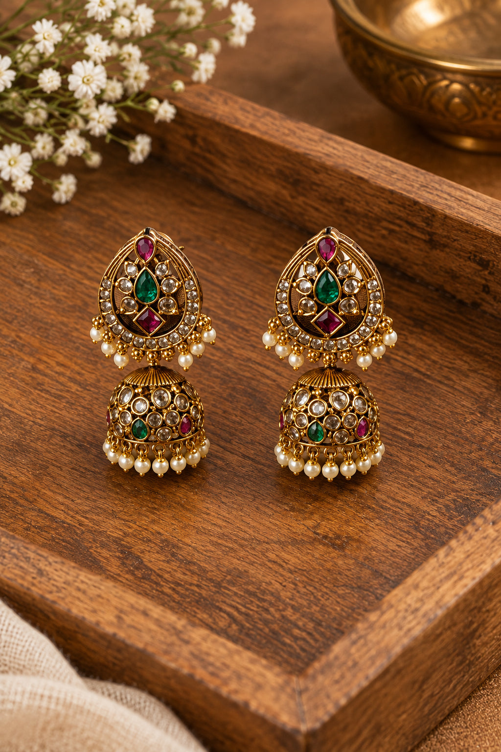 Antique Gold Jhumka Earrings - Ruby Emerald Pearl