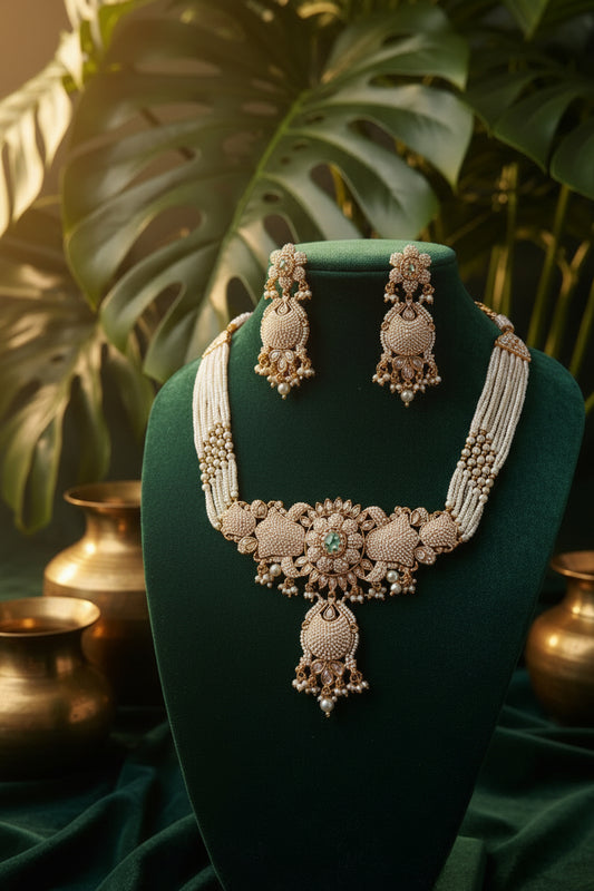 White Moti Beaded Choker Necklace Set