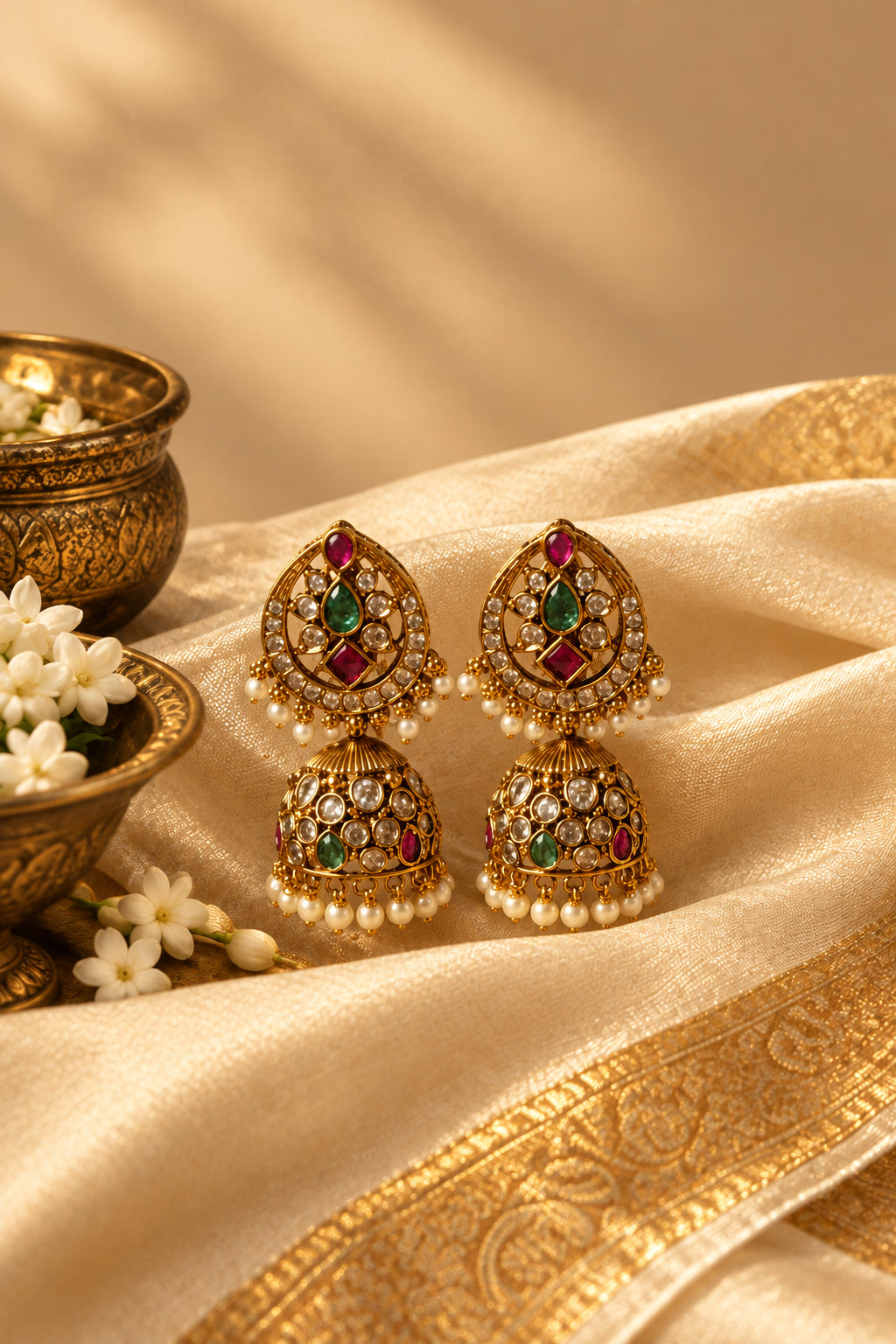 Antique Gold Jhumka Earrings - Ruby Emerald Pearl