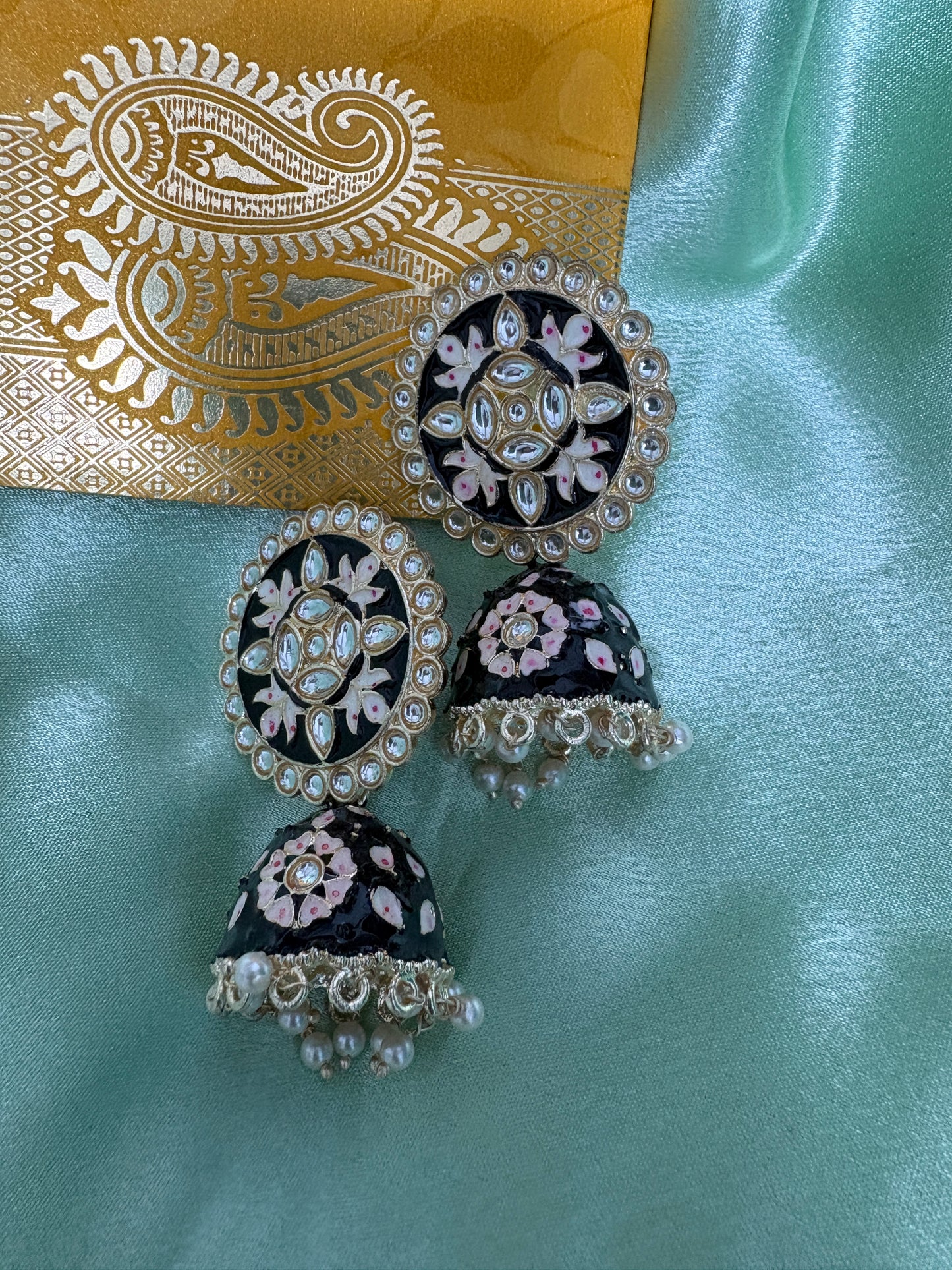 Black Meenakari Kundan Earrings