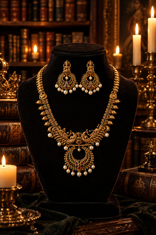 Temple Peacock Necklace Set - Antique Gold with Pearl Drops