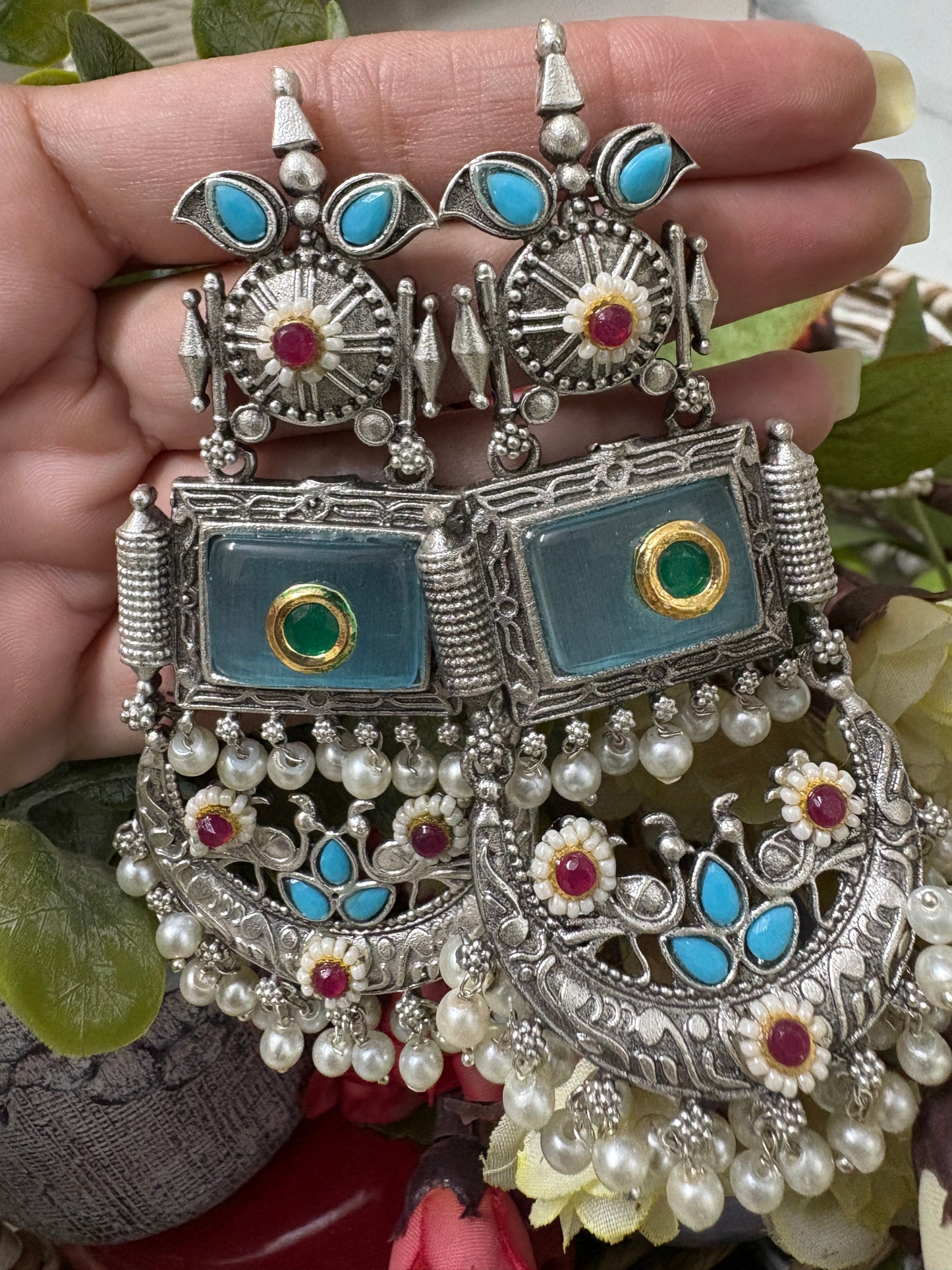 Light Blue Silver Replica Chandbali Earrings