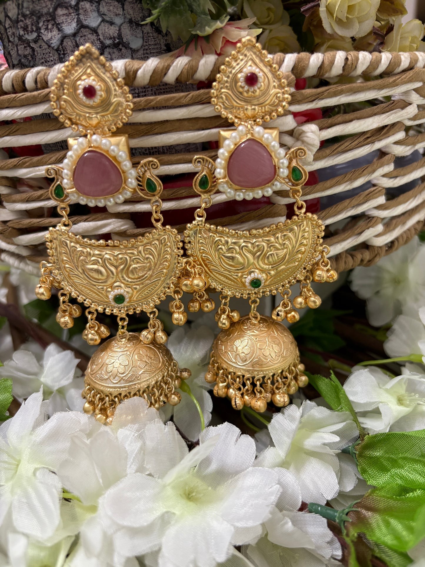 Golden Replica Peach Colour Brass Jhumkis